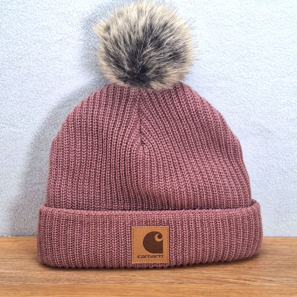 Carhartt Womens Hat Pink Pom Fleece Lined Knit Faux Fur Beanie Soft Mauve